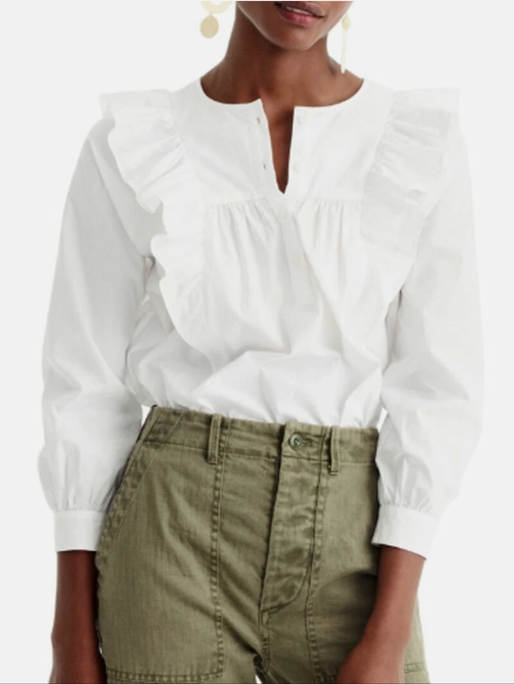 J. Crew White Ruffle-Trim Button Popover Blouse